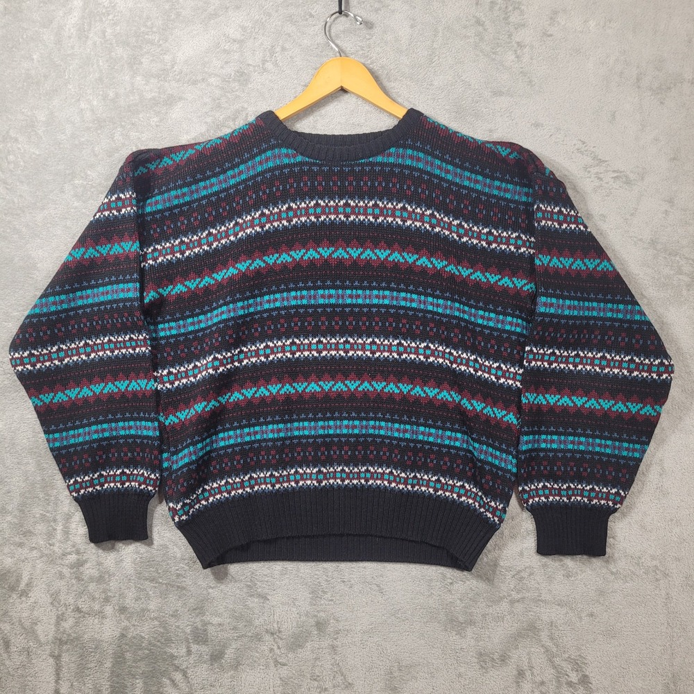 Vintage AKA Sportswear Sweater Mens L Black Fair Isle Geometric Knit Crewneck